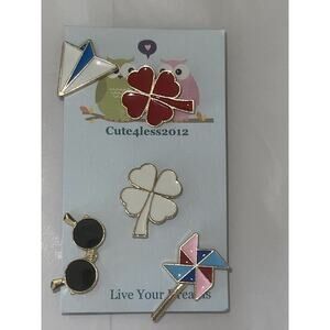 Lot Of 5 Pins Brooches Pin 4 Leaf Clover Paper Plane Glasses Pin Wheel